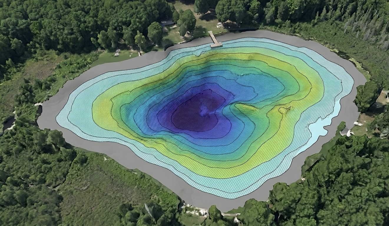 Aerial bathymetric depth-contour map of a lake overlaid on the water surface