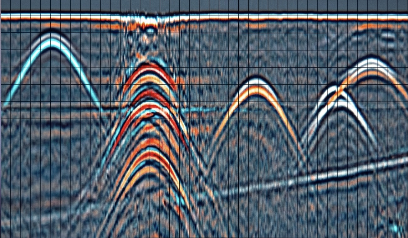 Ground penetrating radar scan of a concrete slab showing hyperbolic returns from rebar and conduit