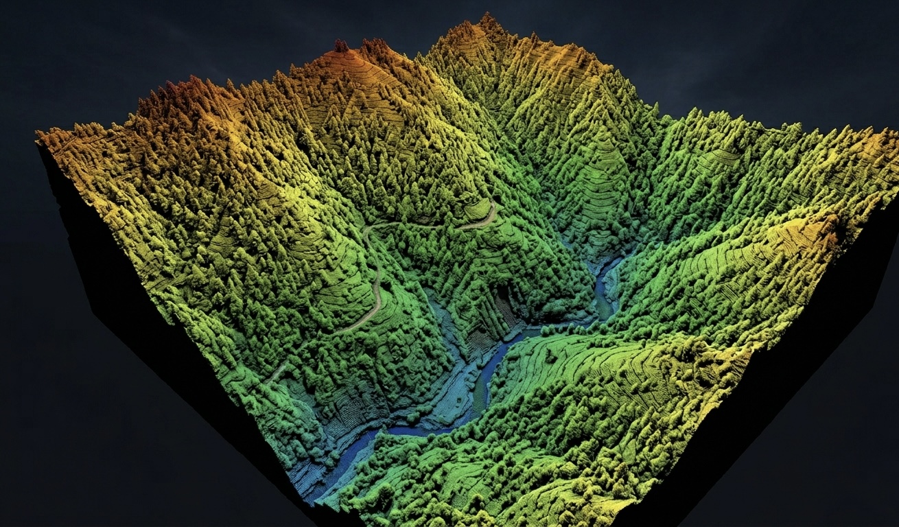 Drone LiDAR point-cloud rendering of forested terrain with elevation color ramp